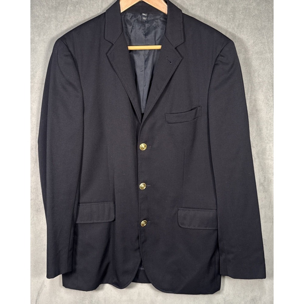 J.Crew Mens 40R Navy Wool Blend Blazer Gold Buttons Sport Coat 3 Button